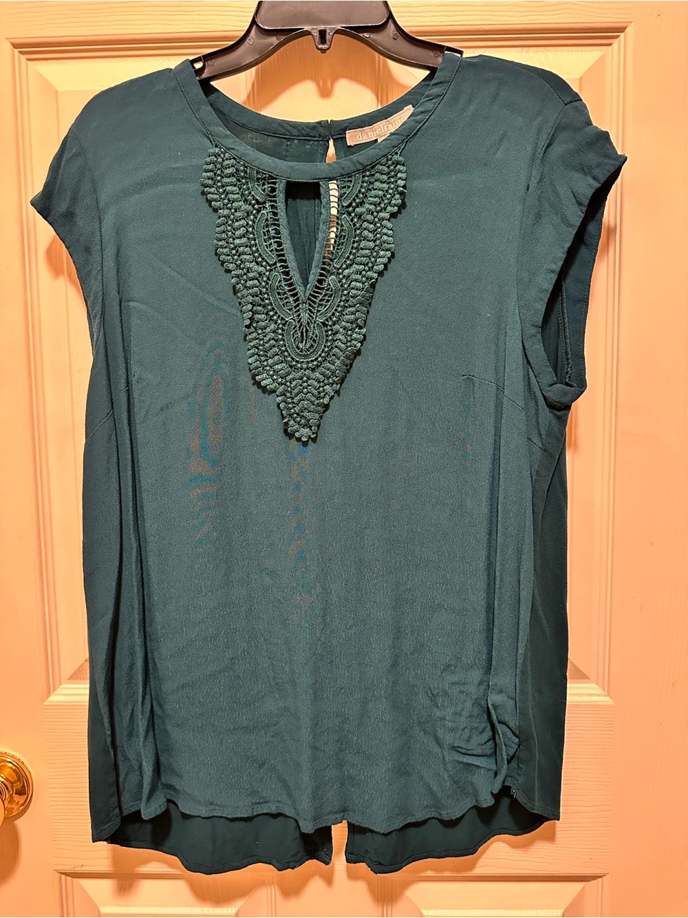 Daniel Rainn Teal Crochet-Trim Cap Sleeve Blouse